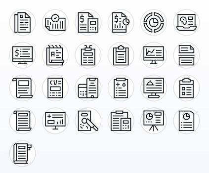 resumen icono conjunto con 25 regular línea 64 x 64 cuadrícula equipado gráficos vector