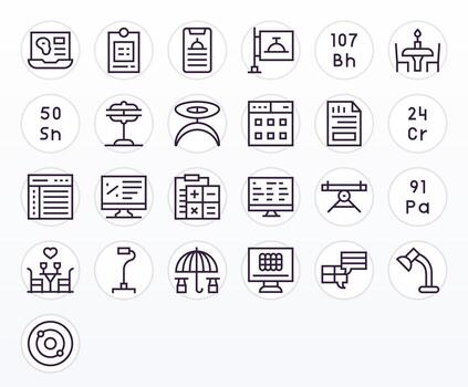 mesa escalable conjunto presentando 25 píxel optimizado regular línea 256x256 íconos vector