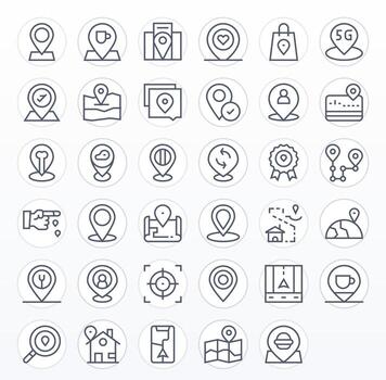 35 Grid Fitted Regular Line Icons designed for Geolocation Interface vector
