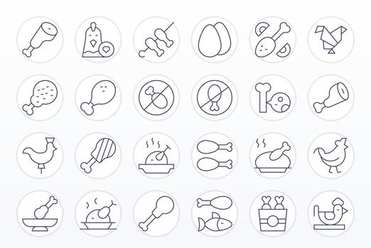 Thin Line Pixel Aligned Icons from Chicken Set with 24 128x128 Icons vector