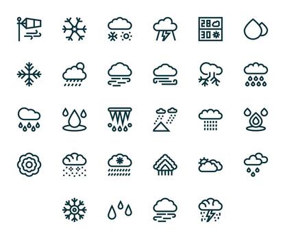 28 Bold Line Pixel Optimized Icons tailored for Precipitation 64x64 interface vector