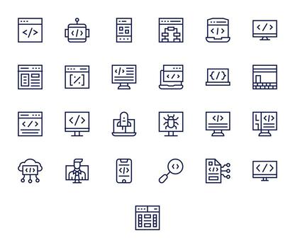 codificación esencial conjunto incluso 25 píxel Perfecto regular línea 64 x 64 íconos vector