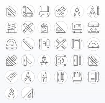 32 Pixel Aligned Icons themed around Drafting in 256x256 Thin Line format vector
