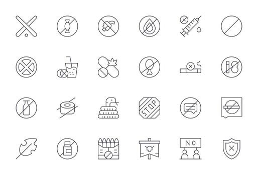 24 Icons for Prohibition featuring High Resolution Pixel Optimized Thin Line Graphics vector
