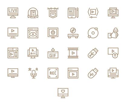 Digital Media Icon Set with 25 Regular Line 256x256 Pixel Aligned Graphics vector