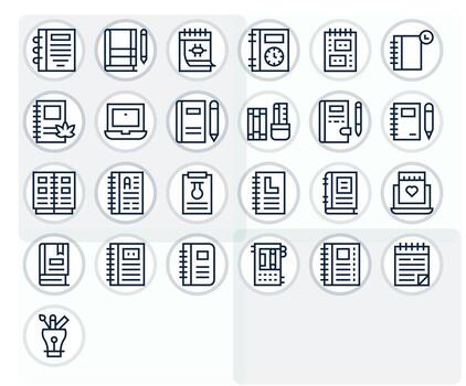 25 Regular Line Icons from Notebook in Retina Ready Grid Fitted Quality vector