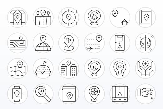 24 Thin Line Icons designed for Pinpoint Location in 256x256 Detail Enhanced format vector