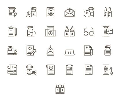 25 High Resolution Icons for Prescription in Grid Fitted Regular Line Format vector