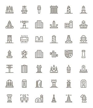 Tower Pixel Aligned Set with 42 128x128 Regular Line Icons vector
