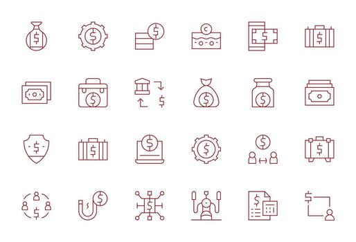 24 PIXEL Perfect Icons themed around Dollars in High Resolution Thin Line format vector
