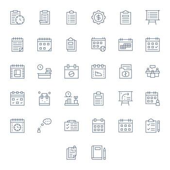 Planning Icon Collection featuring 32 Pixel Optimized 128x128 Thin Line Designs vector
