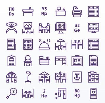 Table Icon Set with 36 Bold Line High Resolution Editable Graphics vector
