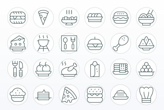 24 Grid Fitted Icons themed around Meal in 256x256 Thin Line format vector