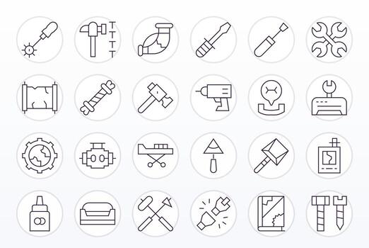 24 íconos para reparando presentando alto resolución píxel Perfecto Delgado línea gráficos vector