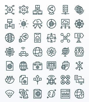 Network Visual Pack containing 42 Regular Line Grid Fitted Icons vector