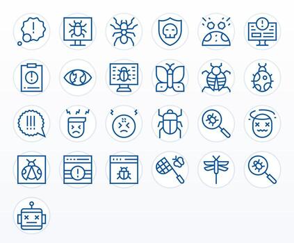 25 Regular Line Icons for Bug in crisp Retina Ready Grid Fitted resolution vector