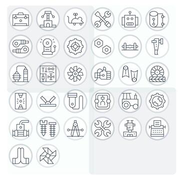 32 Thin Line Icons for Mechanical in crisp High Resolution Detail Enhanced resolution vector