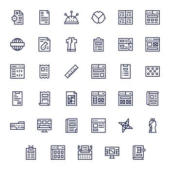 Template Visual Pack containing 35 Regular Line Grid Fitted Icons vector