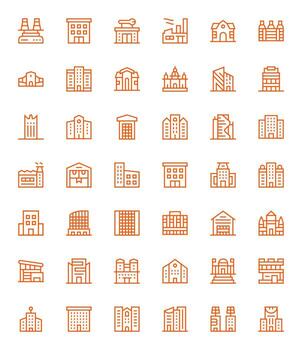 42 Grid Fitted Icons themed around Commercial Building in High Resolution Regular Line format vector