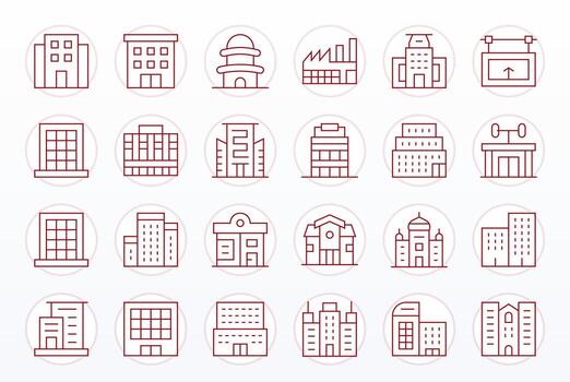 moderno edificio icono conjunto con 24 Delgado línea alto resolución píxel Perfecto gráficos vector