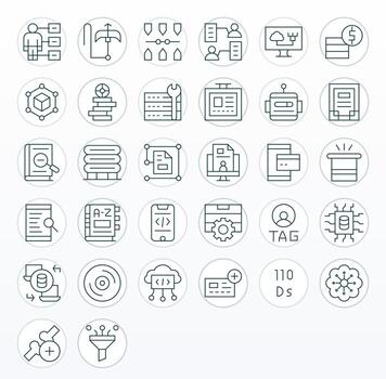 Database Icon Arsenal with 32 High Resolution Thin Line Grid Fitted designs vector