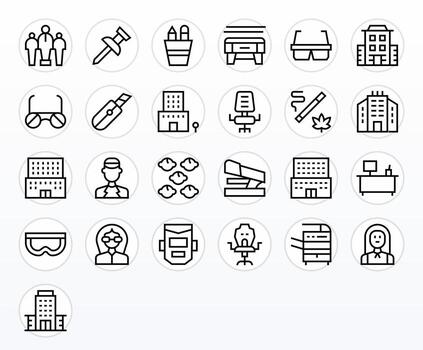 lugar de trabajo icono conjunto con 25 regular línea alto resolución píxel optimizado gráficos vector
