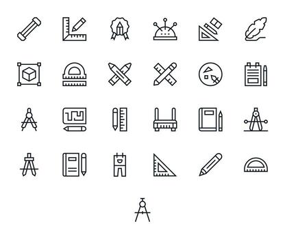 25 Grid Fitted Retina Ready Icons for Drafting in elegant Regular Line design vector