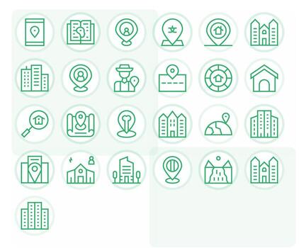 Neighborhood Visual Pack containing 25 Regular Line Pixel Optimized Icons vector