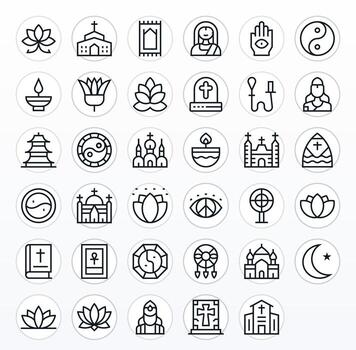 Regular Line Style Spiritual Icons with 35 High Resolution Pixel Optimized Designs vector