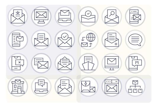 24 64 x 64 cuadrícula equipado íconos para bandeja de entrada en Delgado línea tema vector