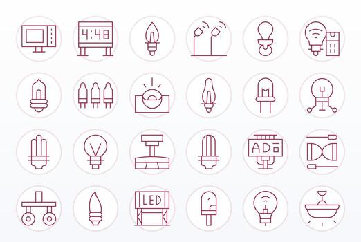 24 Thin Line Icons for Led in crisp 64x64 Grid Fitted resolution vector
