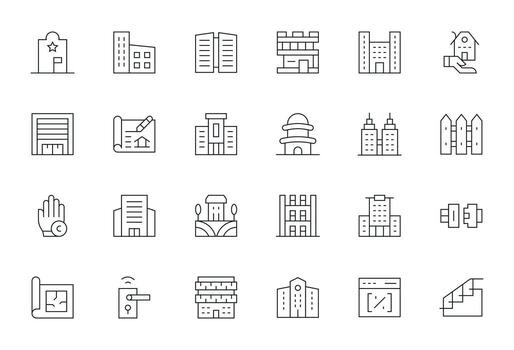 24 128x128 cuadrícula equipado íconos para propiedad en Delgado línea tema vector