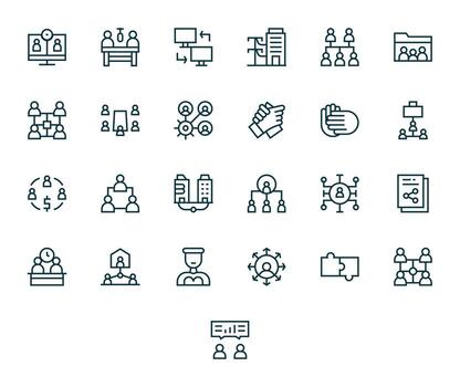 colaboración alto resolución icono paquete con 25 regular línea cuadrícula equipado elementos vector