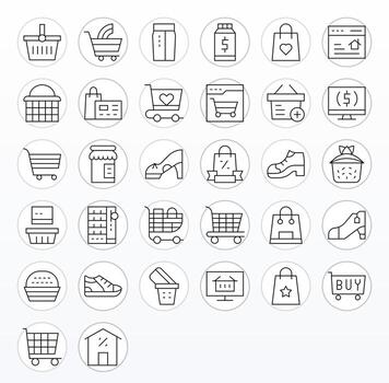 32 Pixel Aligned Icons themed around Buy in Retina Ready Thin Line format vector