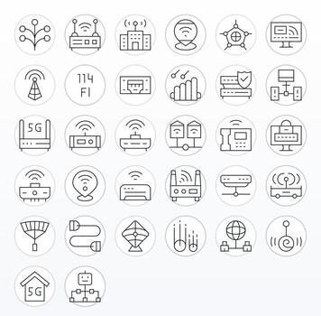 enrutador exclusivo conjunto presentando 32 Delgado línea píxel optimizado 64 x 64 íconos vector