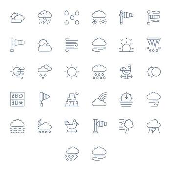 Delgado línea estilo pronóstico íconos con 32 alto resolución píxel Perfecto diseños vector