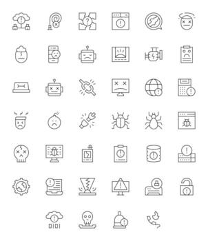 mal funcionamiento icono conjunto con 40 Delgado línea retina Listo cuadrícula equipado gráficos vector