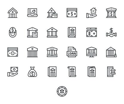 Loan Icon Set with 25 Regular Line 64x64 Grid Fitted Graphics vector