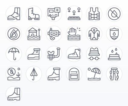 Waterproof featuring 25 High Resolution Icons in Regular Line Design vector