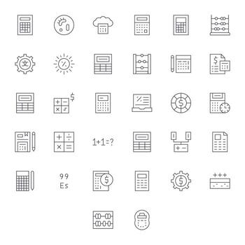32 Pixel Optimized High Resolution Icons for Calculation in elegant Thin Line design vector
