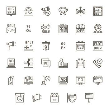Promotion Pixel Optimized Set with 35 64x64 Regular Line Icons vector