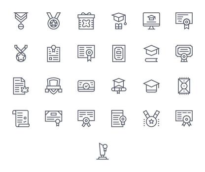 Certificate Professional Set with 25 Regular Line Pixel Aligned 256x256 Icons vector