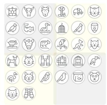32 Grid Fitted Icons themed around Zoo in 64x64 Thin Line format vector