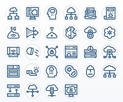 Bold Line Style Cloud Computing Icons with 28 256x256 Pixel Aligned Designs vector