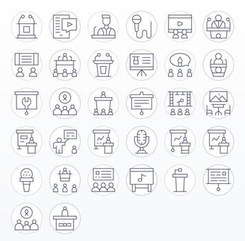 32 High Resolution Thin Line Icons optimized for Lecture Pixel Aligned display vector