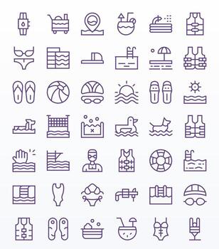 42 64 x 64 regular línea íconos para piscina con cuadrícula equipado precisión vector