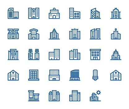 28 íconos para oficina edificio optimizado en cuadrícula equipado 128x128 negrita línea resolución vector