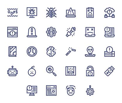 28 Bold Line Pixel Optimized Icons for Malfunction Graphics vector