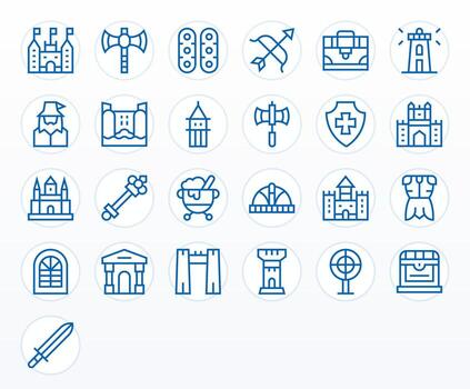 Medieval Icon Set with 25 Regular Line Retina Ready Pixel Aligned Graphics vector