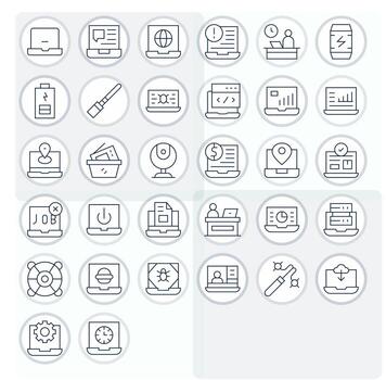 32 Thin Line Icons designed for Laptop in 64x64 Grid Fitted format vector